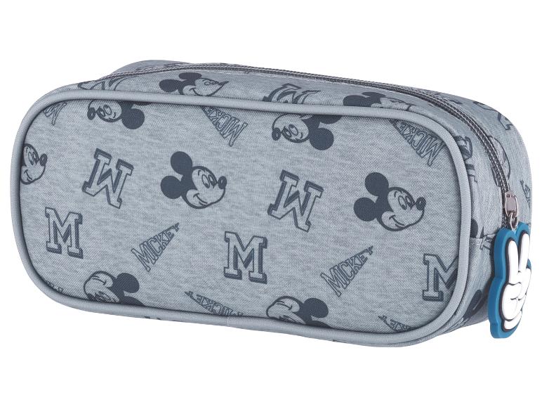 Šedá kosmetická taštička Mickey Mouse: motivy Mickey a písmena.