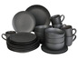 Sada černých talířů, misek a hrníčků.