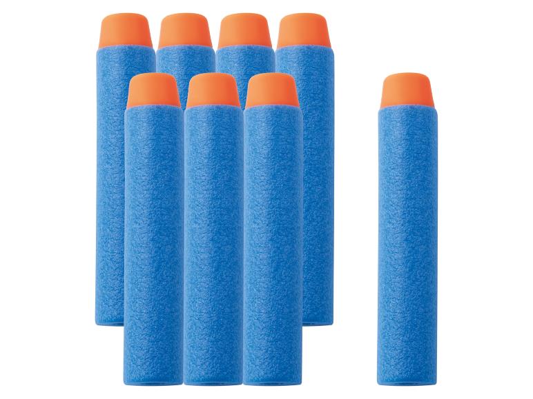 Modré hračkářské šipky s oranžovými hroty, uspořádané vertikálně.