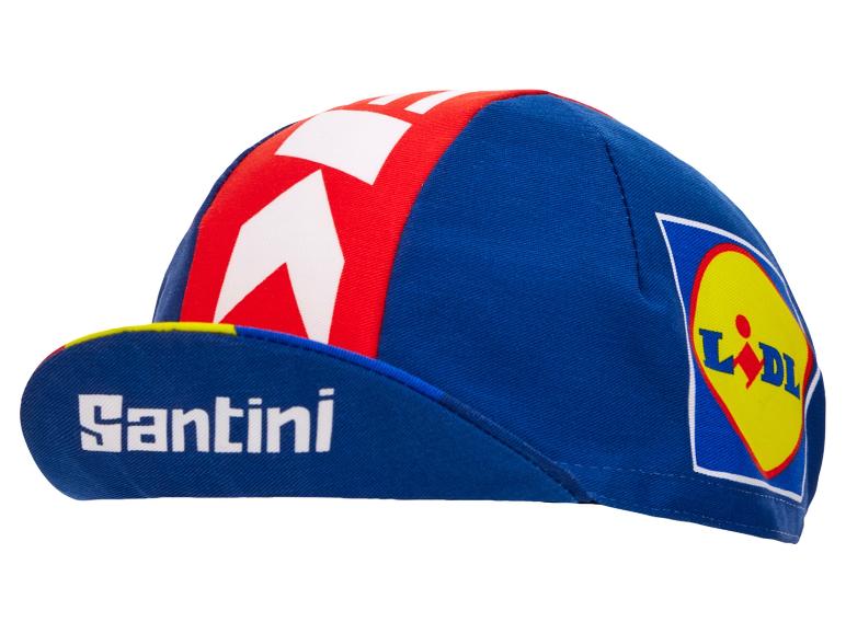 Cyklistická čepice Santini, modrá a červená s logem Lidl.