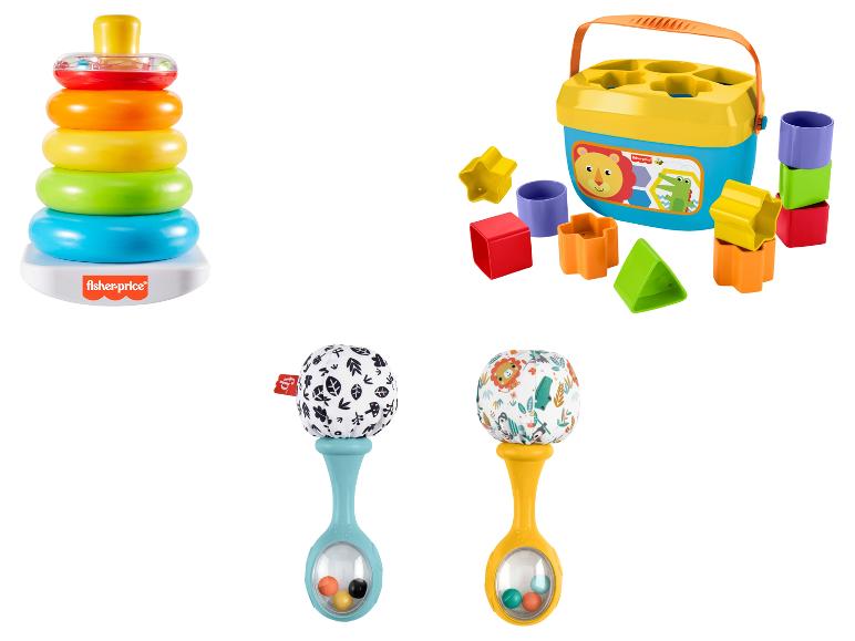 Fisher-Price skládací kroužky, třídič tvarů a chrastítka pro miminka.