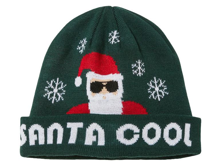 Zelená pletená čepice s motivem Santa Clausa a textem 'Santa Cool'.