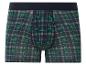 Modré boxerky s kostkovaným vzorem v zelené a bílé barvě.