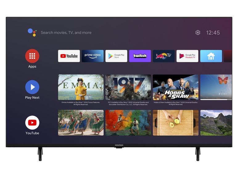 Smart TV s aplikacemi jako YouTube, Prime Video a Twitch, které přehrávají filmy jako Emma a Hobbs & Shaw.