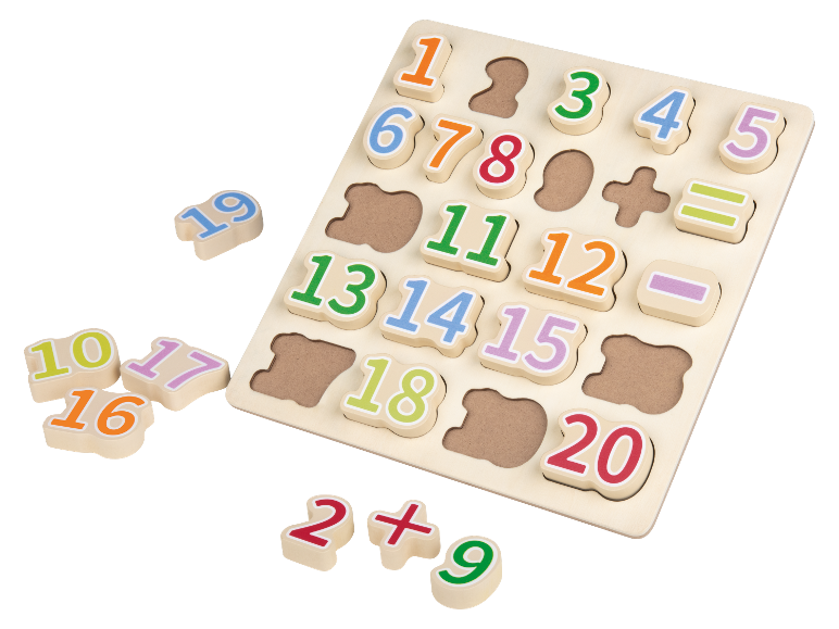 Dřevěná skládačka s číslicemi a matematickými symboly pro děti.