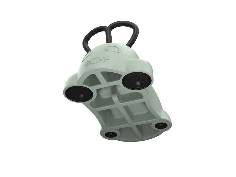 Dětský kettlebell ve tvaru kočky, světle zelený, s černou rukojetí.
