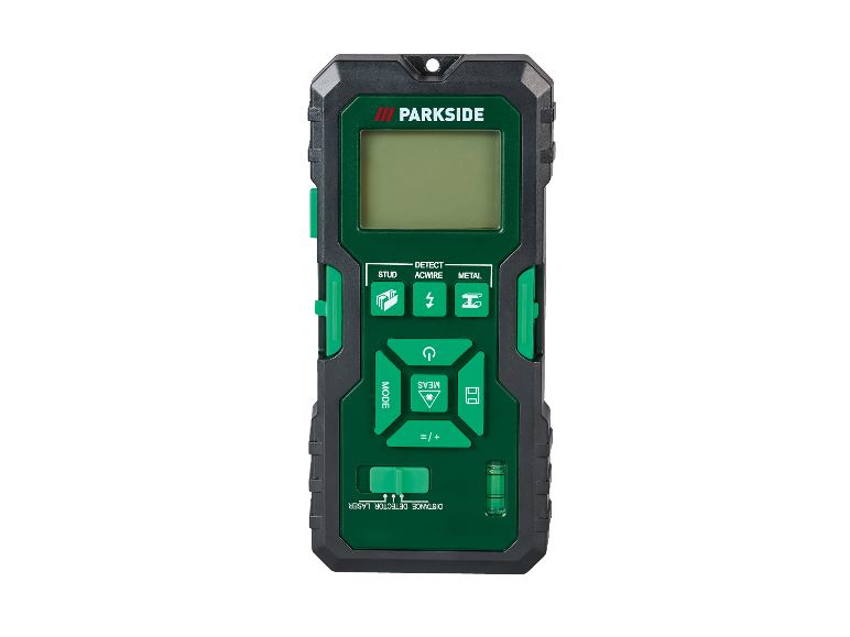 Parkside laserový dálkoměr s vodováhou a detektorem kolíků.