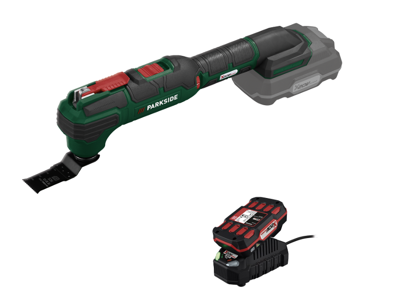 Aku multifunkční nástroj Parkside X20V s nabíječkou.