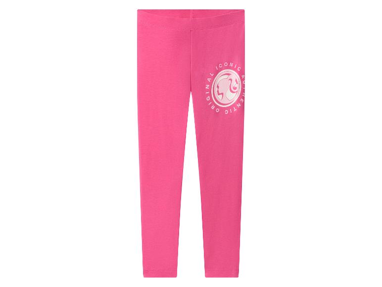 Růžové legíny s logem Barbie a nápisem „ICONIC ORIGINAL AUTHENTIC“.