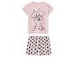 Růžová pyžamo Minnie Mouse: krátký rukáv a krátké kalhoty s puntíky.