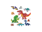 Barevné korálkové figurky dinosaurů a doplňky, včetně sopky a kosti.