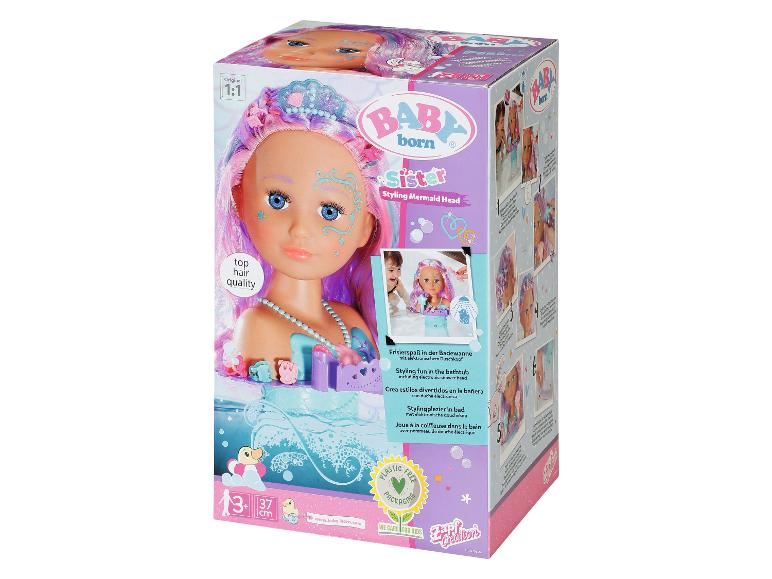 Stylingová hlava Baby Born Sister se sprchovým rozprašovačem, vhodná pro děti od 3 let.