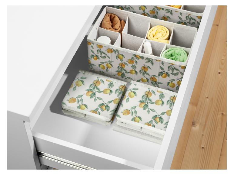 Organizéry do šuplíků s citronovým vzorem, přihrádkami a skládacími boxy.