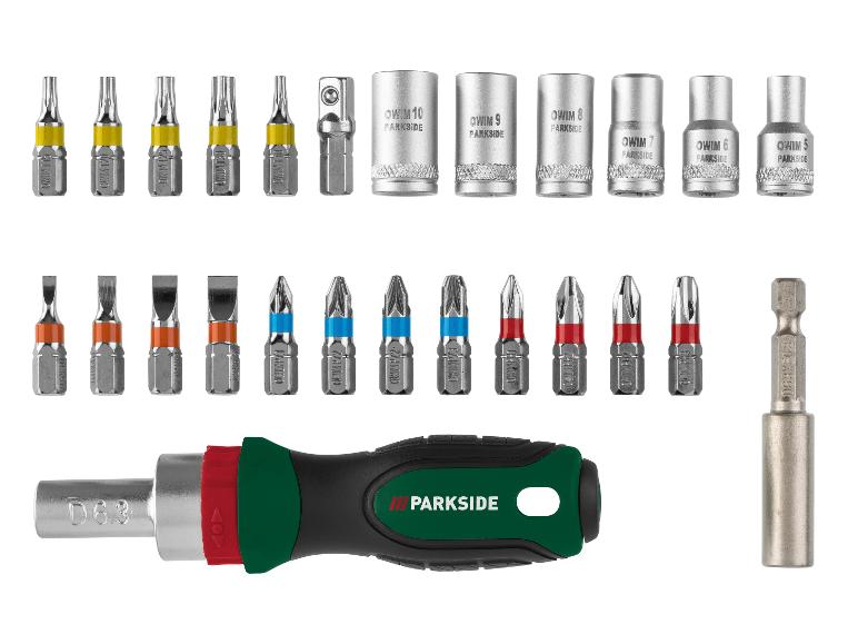 Sada šroubováků Parkside: bity, nástrčky a ergonomický šroubovák.