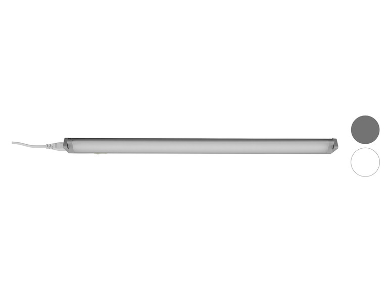 Dlouhá, tenká LED lampa s bílým povrchem.