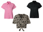 Tři dámské košile s krátkým rukávem, růžová, černá a s geometrickým vzorem.