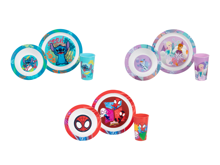 Třídílné dětské jídelní soupravy s motivy Stitch, Frozen a Spider-Man.