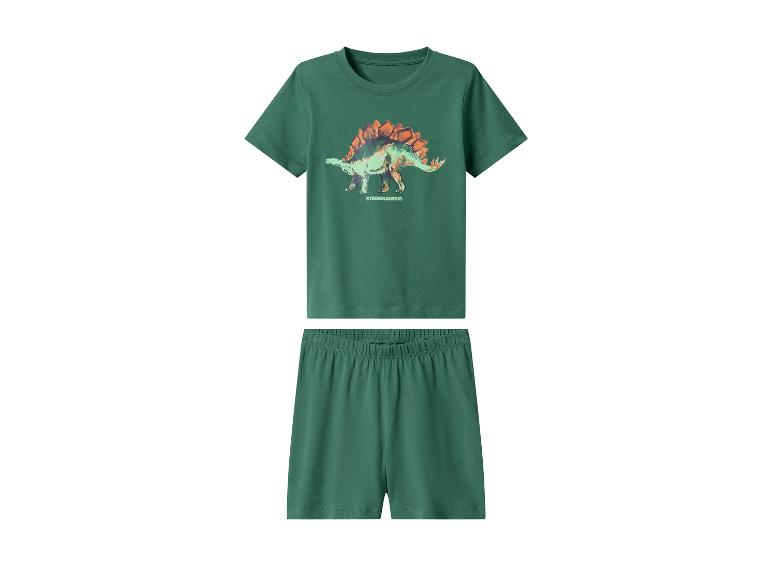 Zelené pyžamo s krátkým rukávem a šortkami, s potiskem dinosaura stegosaura.