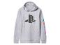 Šedá mikina s kapucí s logem PlayStation a barevnými symboly na rukávu.