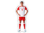 Muž v bílém fotbalovém dresu Adidas s logem FC Bayern Mnichov.
