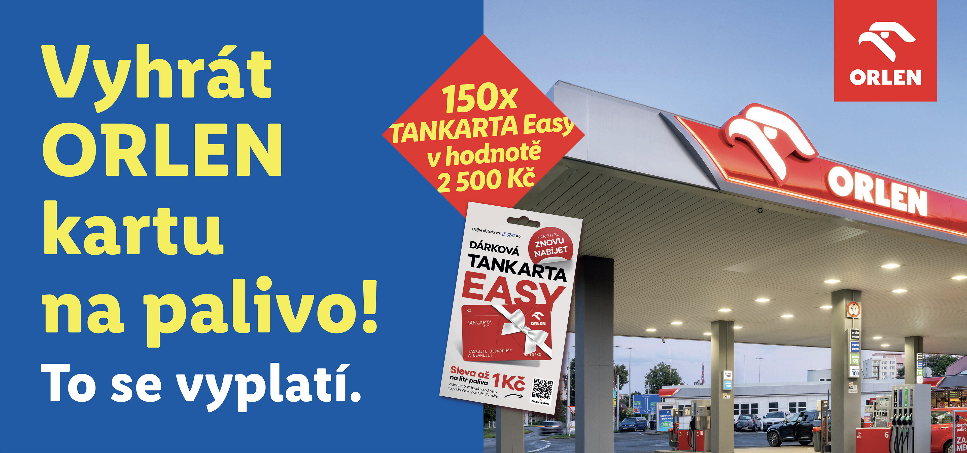 Modrý banner s textem „Vyhrát kartu na palivo! To se vyplatí.“ a obrázkem čerpací stanice s dárkovou kartou.