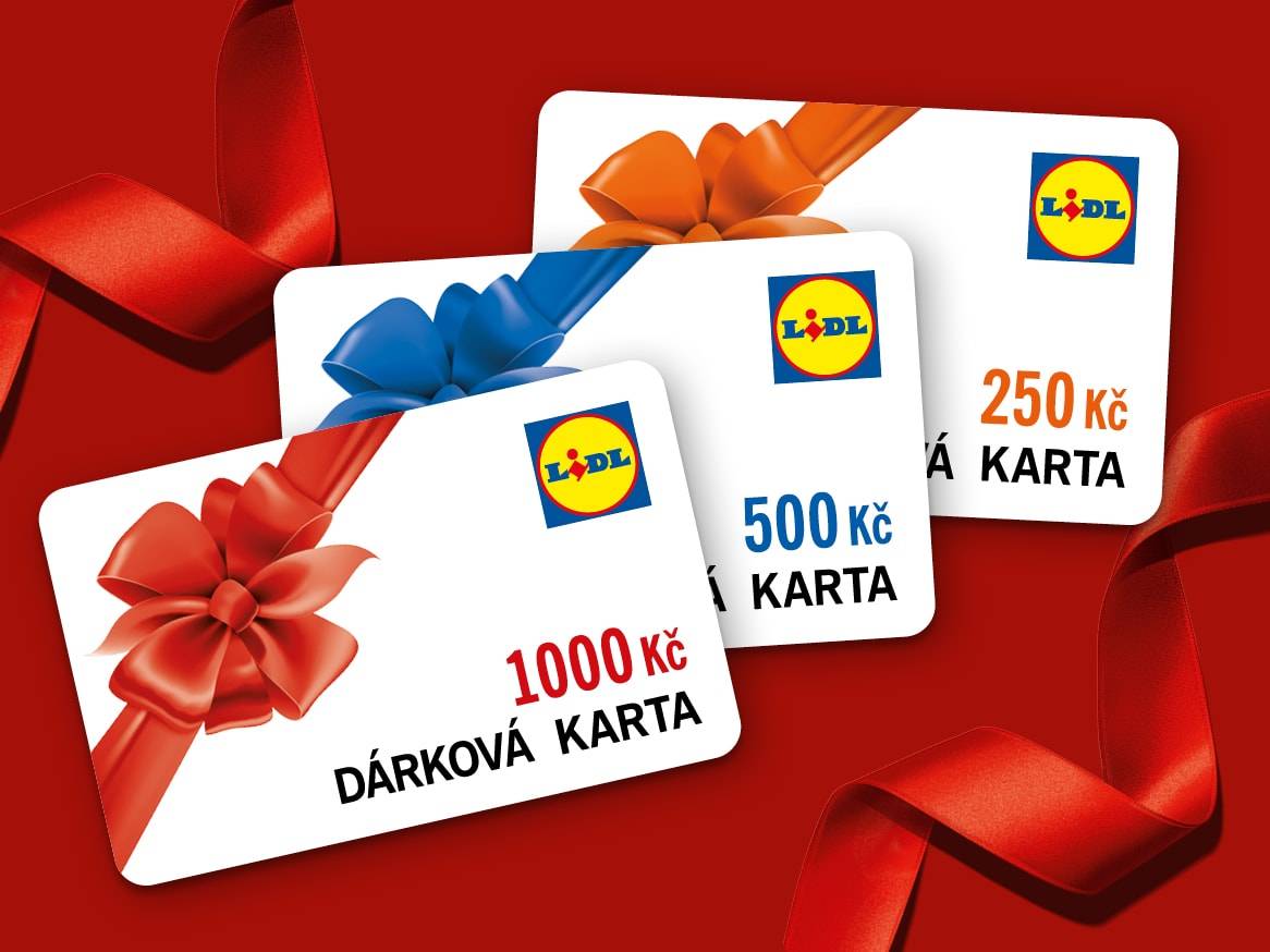 Dárkové karty Lidl v hodnotách 250 Kč, 500 Kč a 1000 Kč s mašlemi.