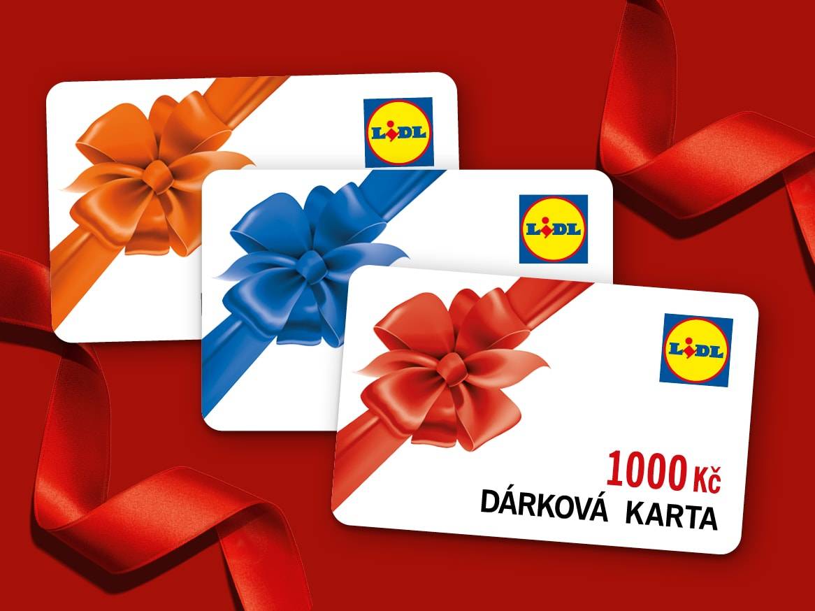 Dárkové karty Lidl s mašlemi v oranžové, modré a červené barvě, jedna s textem '1000 Kč DÁRKOVÁ KARTA'.