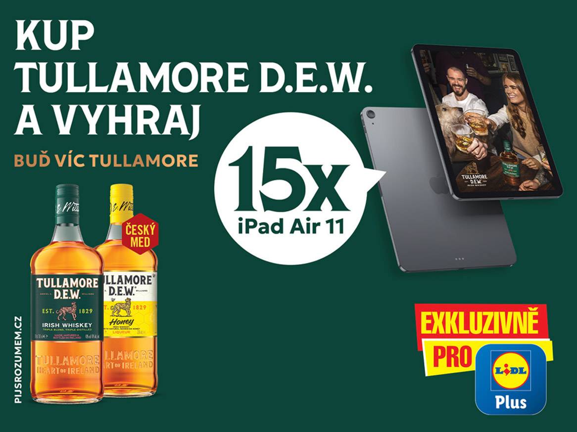Reklama na Tullamore D.E.W. s nabídkou výhry 15x iPad Air 11 a exkluzivní nabídkou pro Lidl Plus.