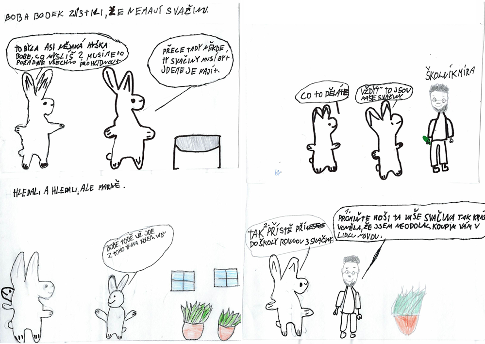 Kreslený komiks o králících, kteří hledají svačinu, kterou jim snědl školník.