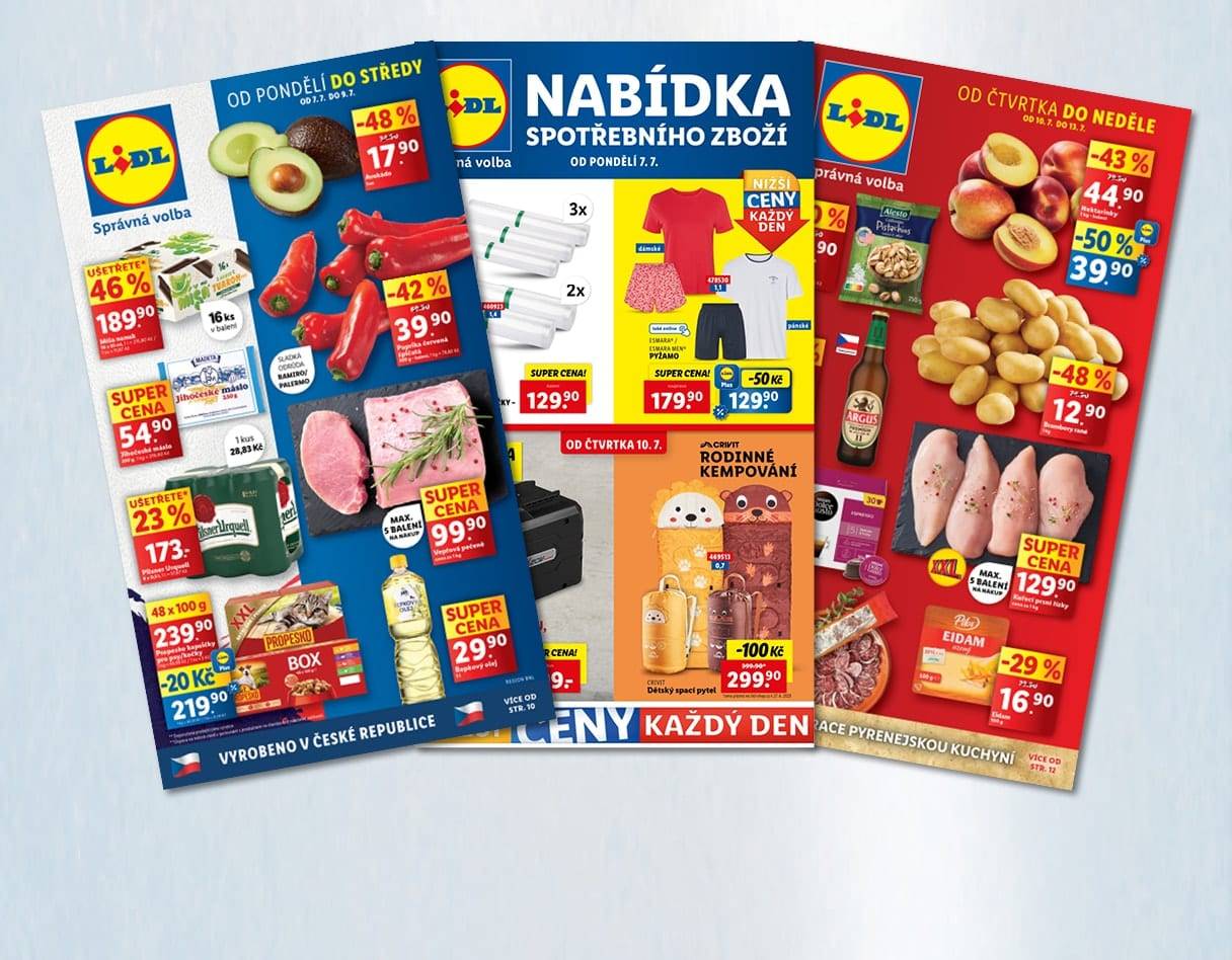 Leták Lidlu s nabídkou potravin, nápojů a kempingového vybavení.