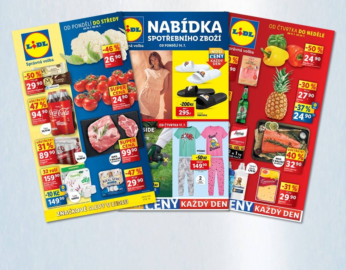 Letákový Lidl s nabídkou potravin, nápojů, oblečení a drogerie, včetně značek Coca-Cola a Gambrinus.