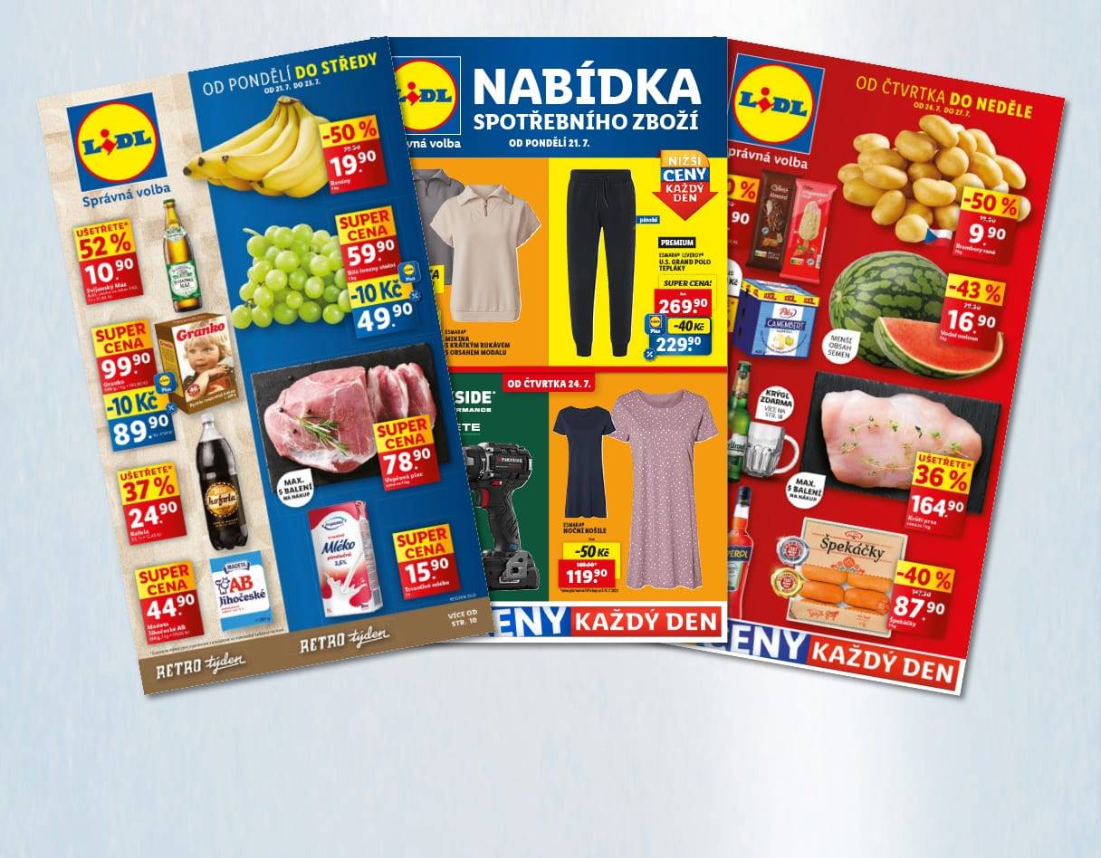 Leták Lidlu s nabídkou potravin, oblečení a drogerie v retro stylu.