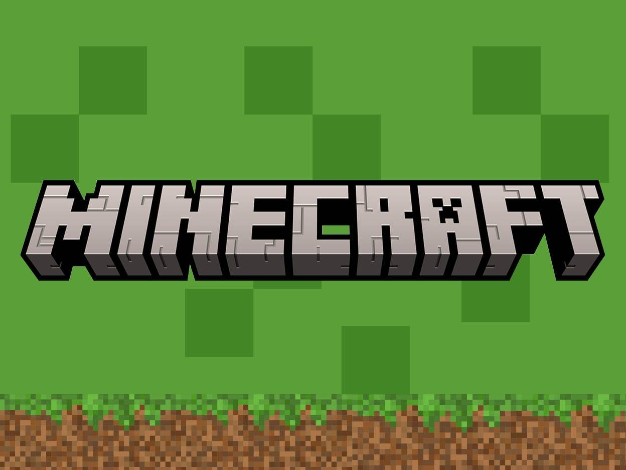 Logo hry Minecraft na zeleném pozadí s bloky.