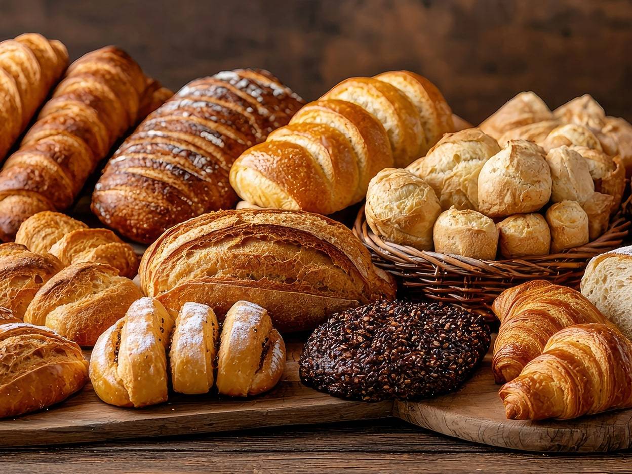 Na obrázku je zobrazena široká paleta pečiva - od chleba, housky až po croissanty.