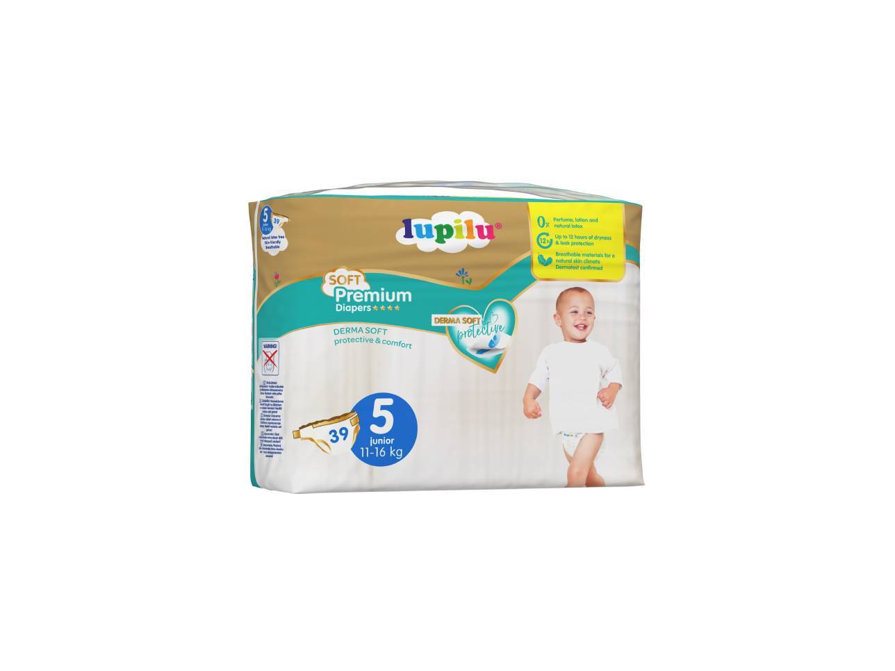 Balení dětských plen velikosti 5 Junior (11-16 kg) s 39 kusy, s nápisem „DERMA SOFT protective & comfort“.