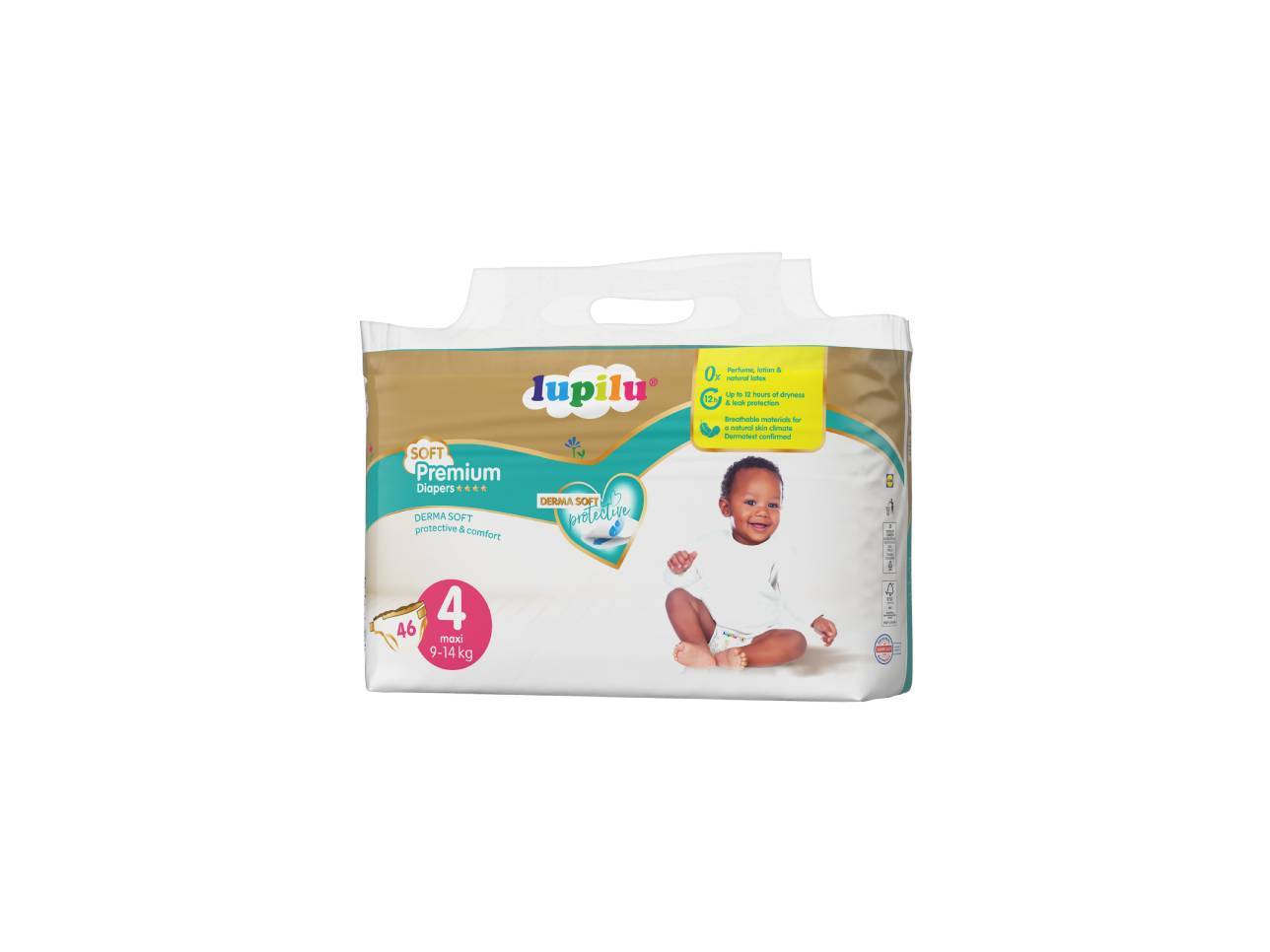 Balení prémiových dětských plen velikosti 4 (9-14 kg) s 46 kusy, s ochranou Derma Soft.