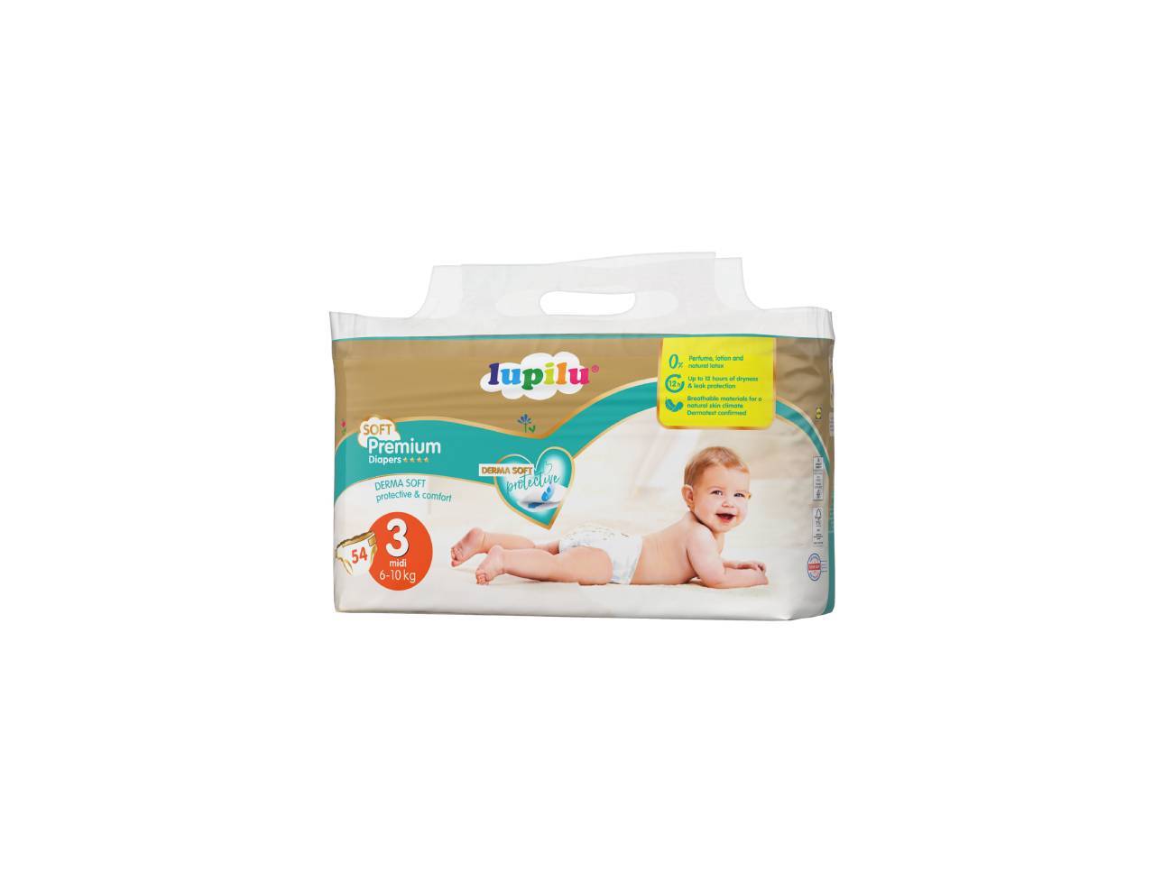 Balení dětských plen velikosti 3 (6-10 kg) s 54 kusy, s nápisem „Soft Premium Diapers“ a obrázkem miminka.