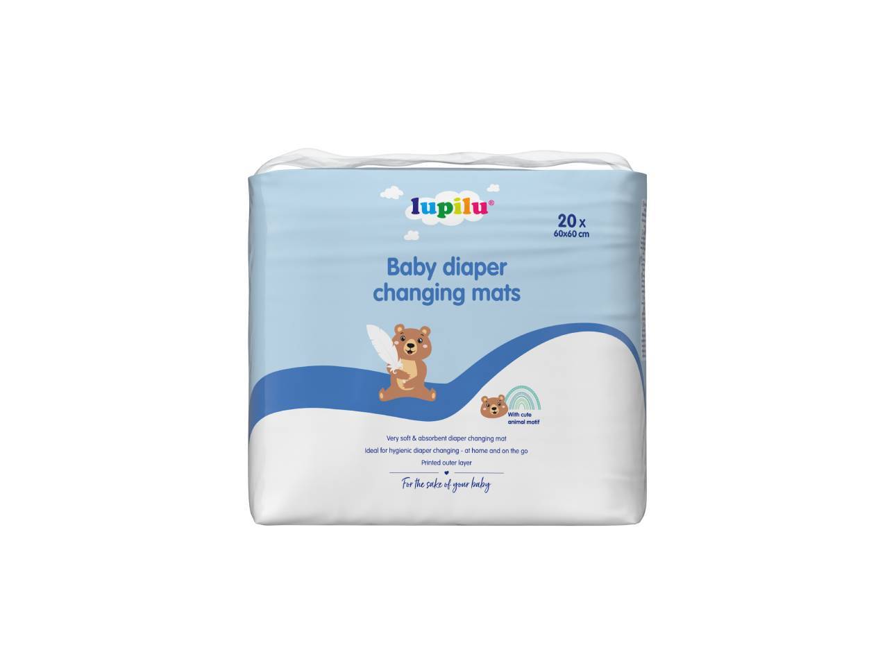 Balení 20 kusů dětských přebalovacích podložek 60x60 cm s motivem medvídka.