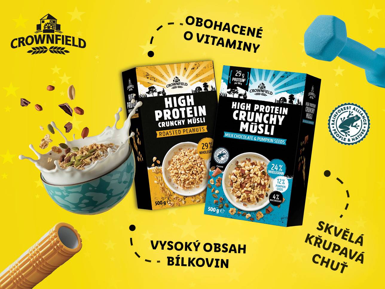 Křupavá müsli Crownfield s vysokým obsahem bílkovin, obohacená o vitamíny.