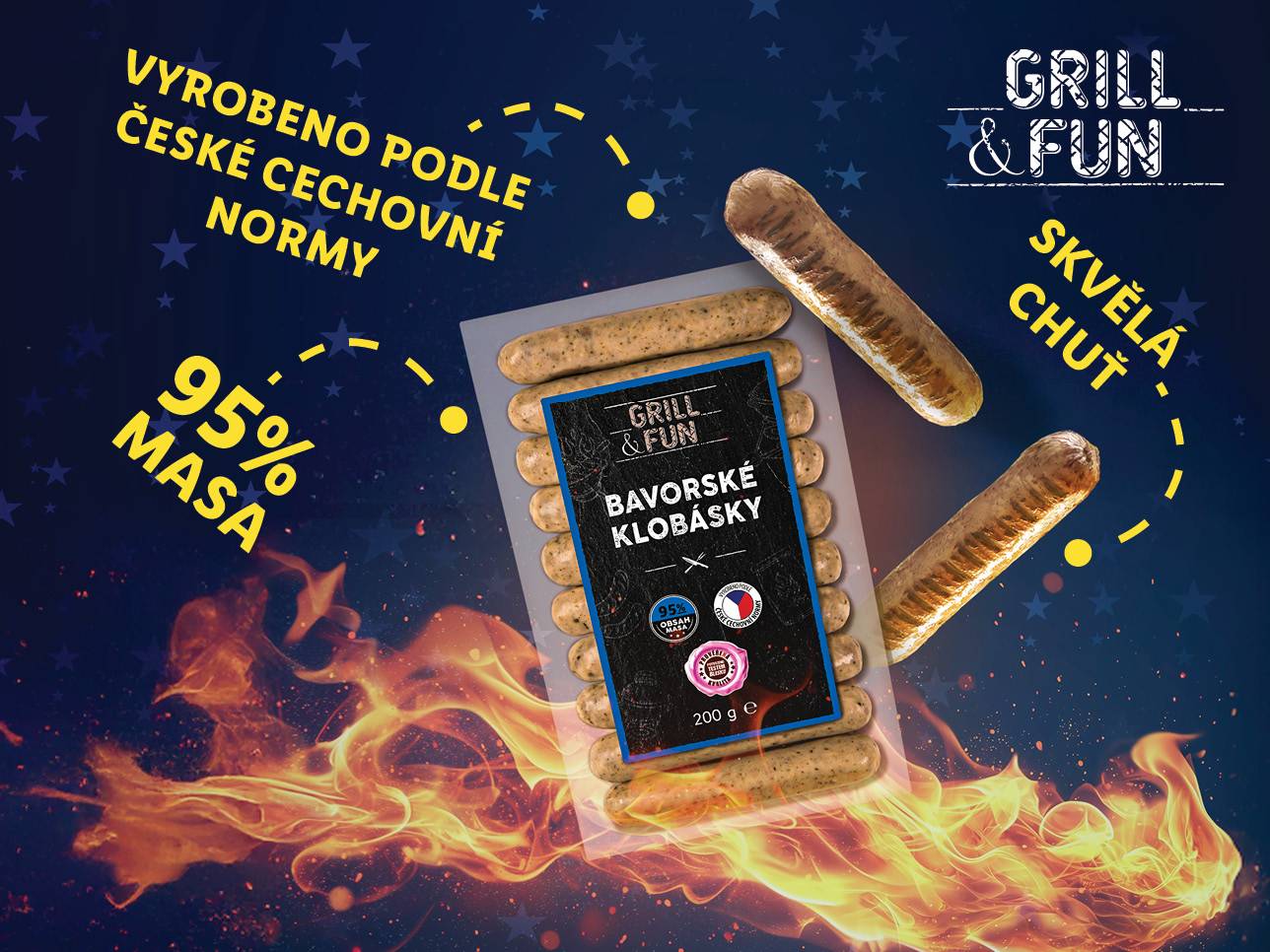 Klobásy Grill & Fun, 95% masa, vyrobeno podle české cechovní normy.