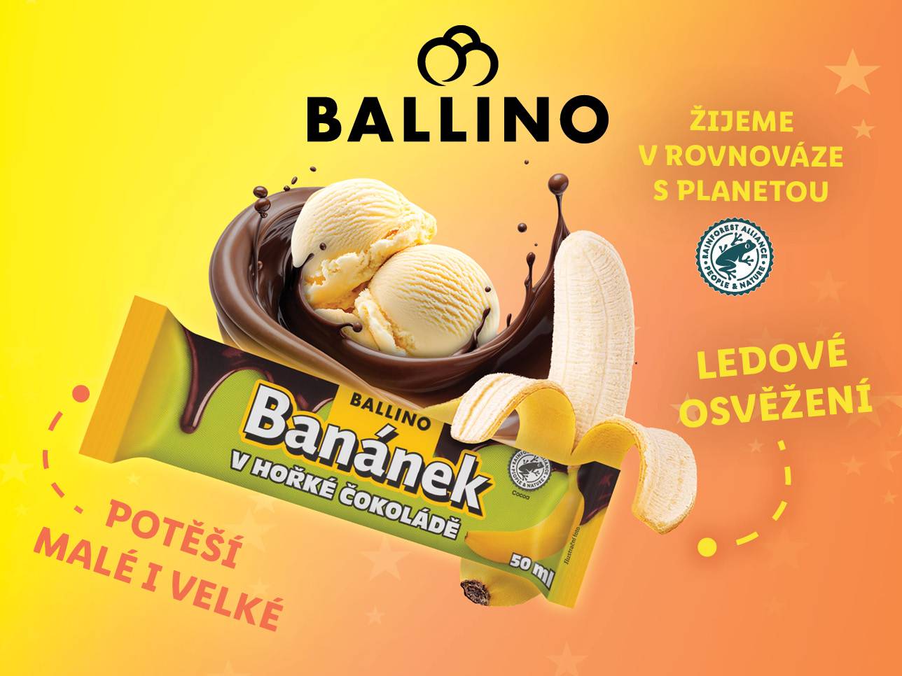 Zmrzlinový nanuk Ballino Banánek v hořké čokoládě,  sleva 20% při aktivaci kupónu v aplikaci Lidl Plus.