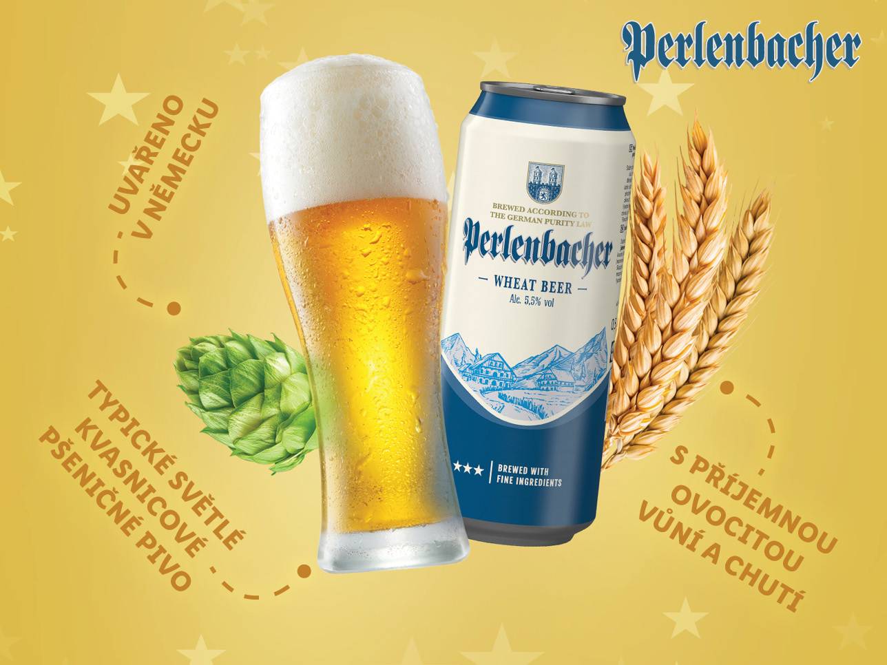 Pivo Perlenbacher - pšeničné pivo vařené v Německu s příjemnou ovocitou vůní a chutí.