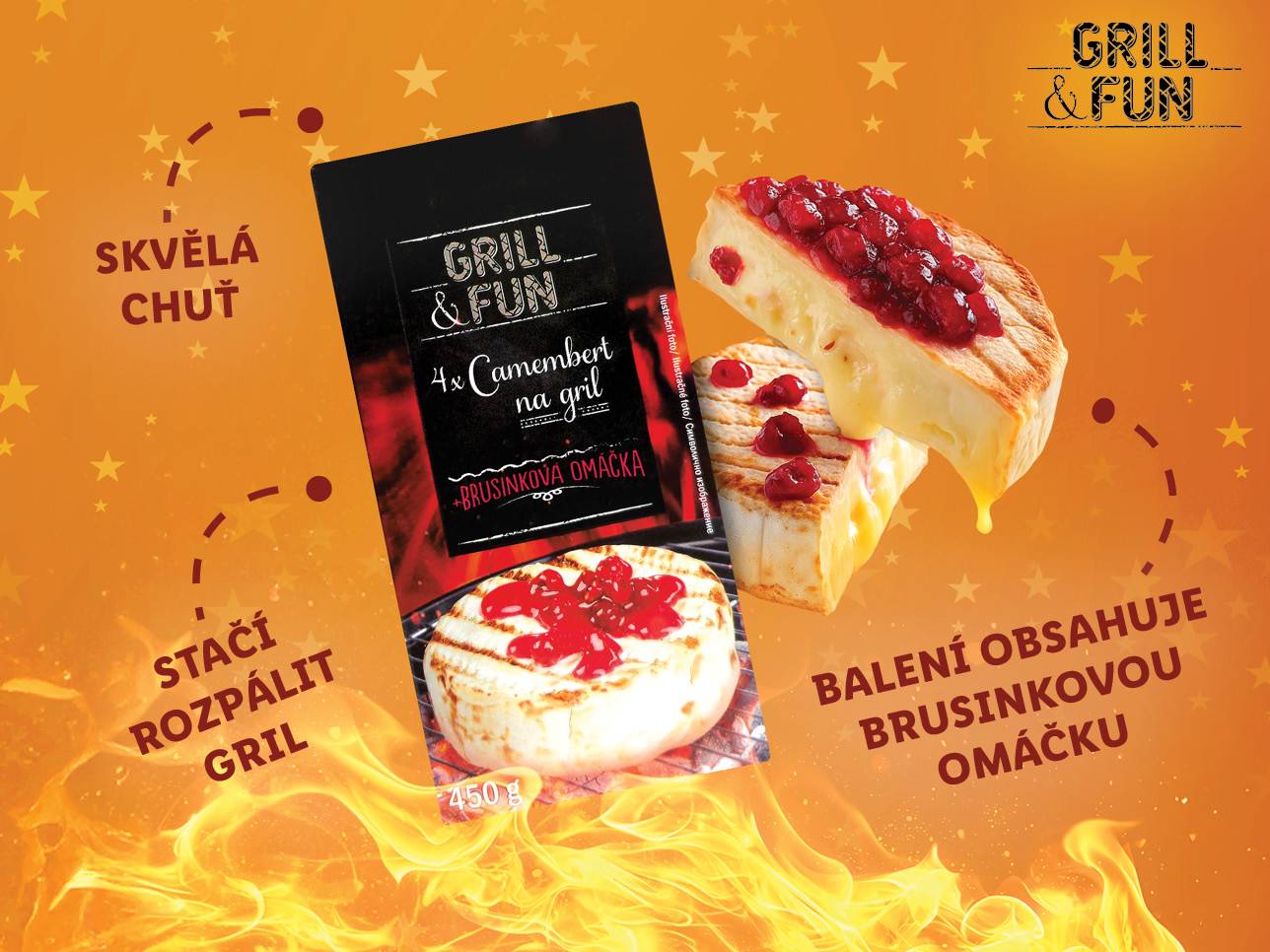 Grill & Fun balíček s 4 camemberty a brusinkovou omáčkou na grilování.