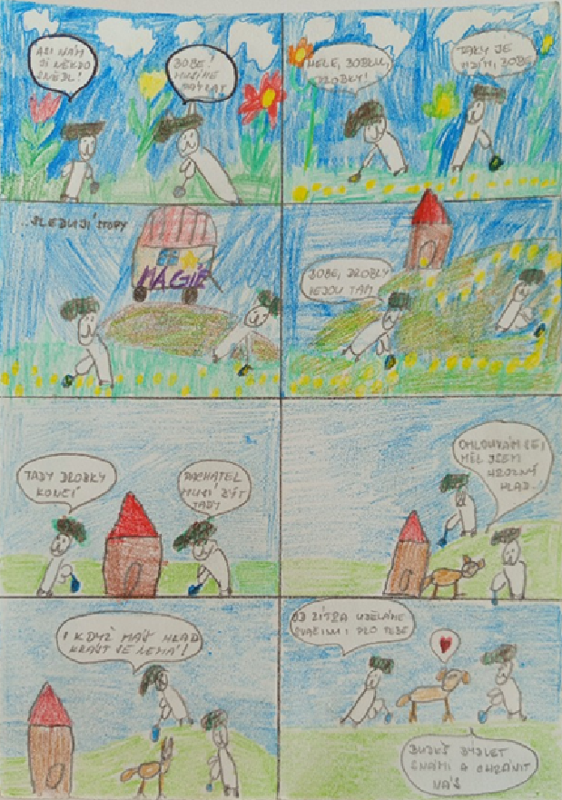 Dětský komiks o dvou postavách, které hledají drobky a najdou psa.