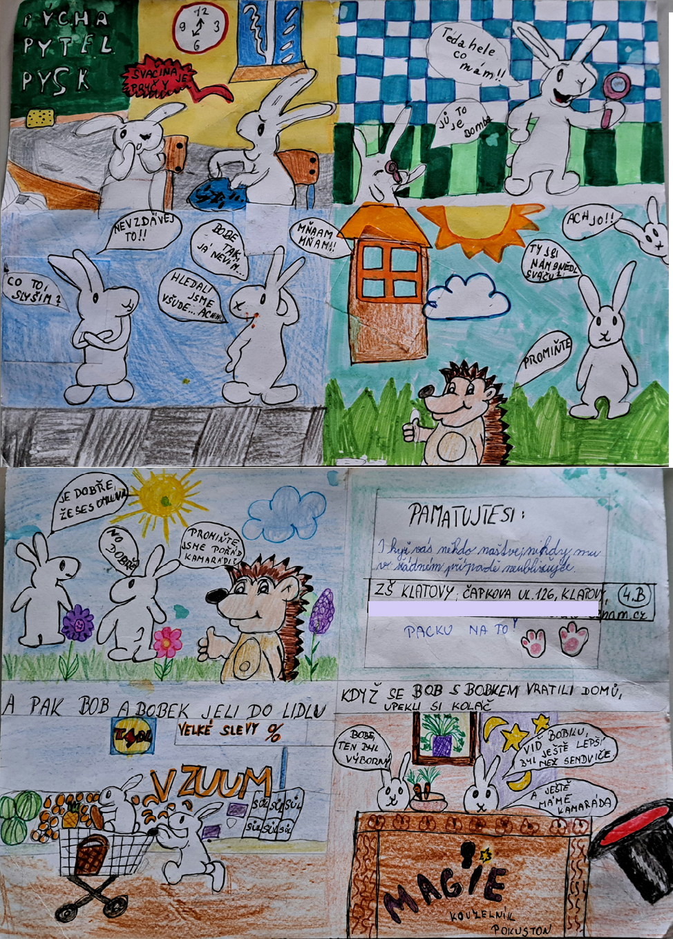 Kreslený komiks s králíky a ježkem, kteří se učí o přátelství a nakupují v obchodě.