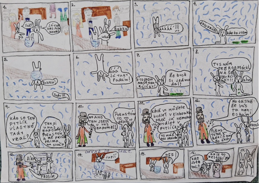 Komiksový příběh o králících a kouzelníkovi, kteří se ocitnou v pytlíku s okurkami.