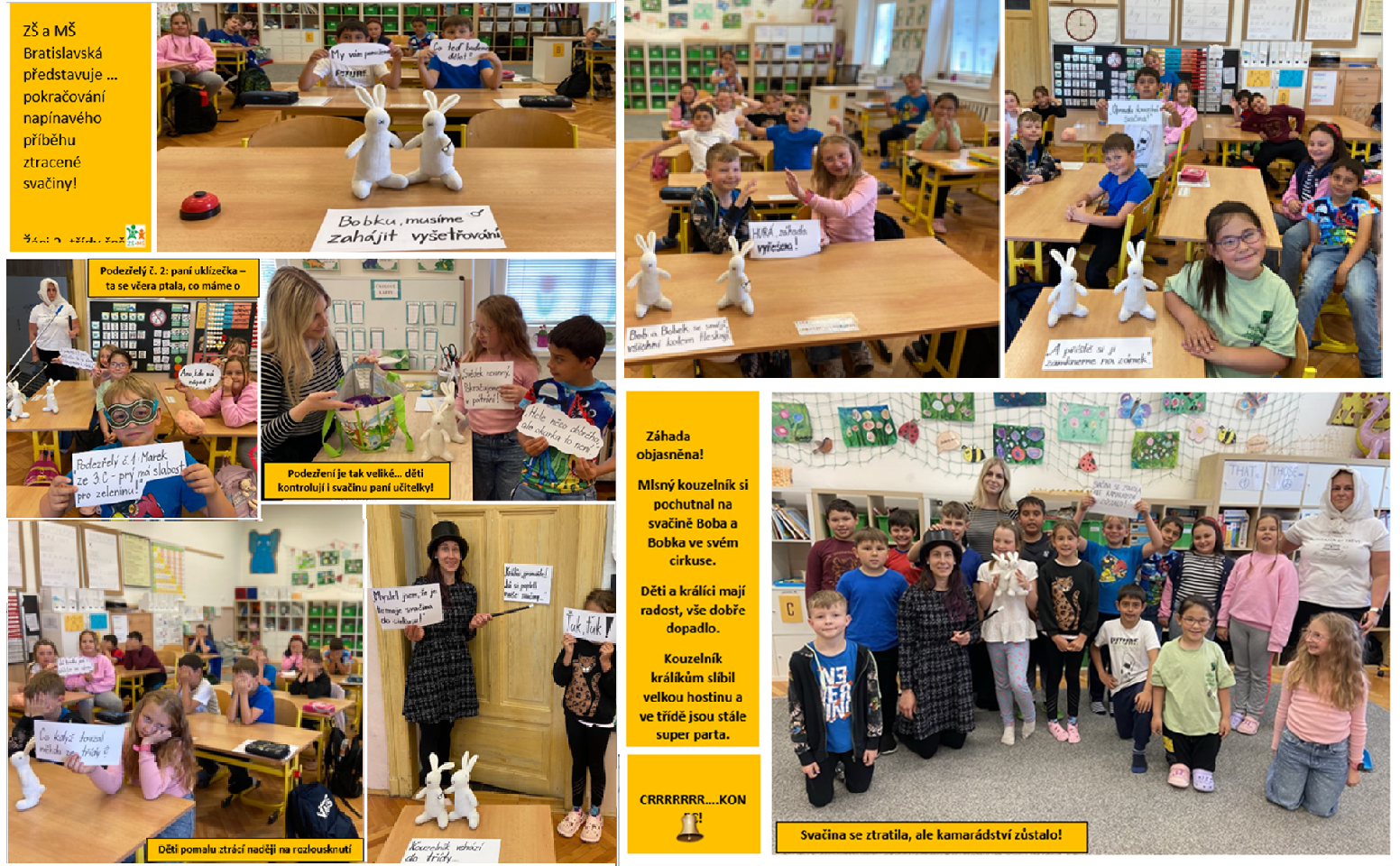 Děti ve třídě s plyšovými králíčky a nápisy o ztracené svačině.