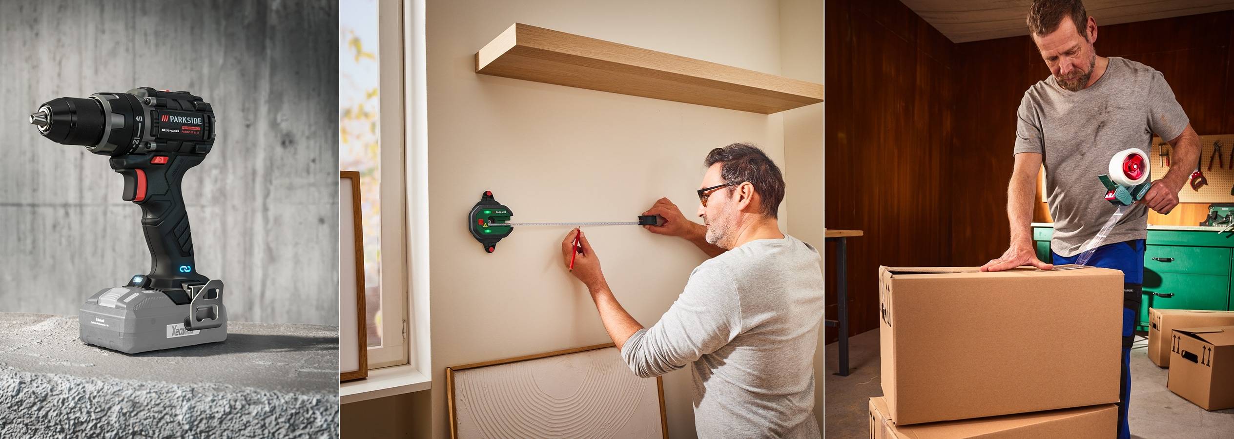 Vrtačka Parkside, laserová vodováha a balicí páska: nářadí pro kutily a stěhování.