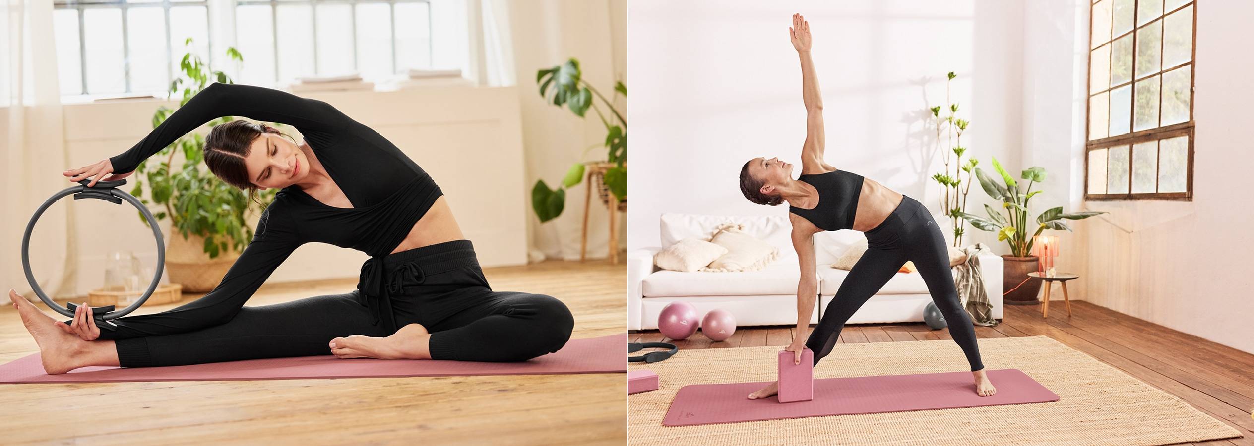 Žena cvičí jógu a pilates s kroužkem a blokem na růžové podložce.