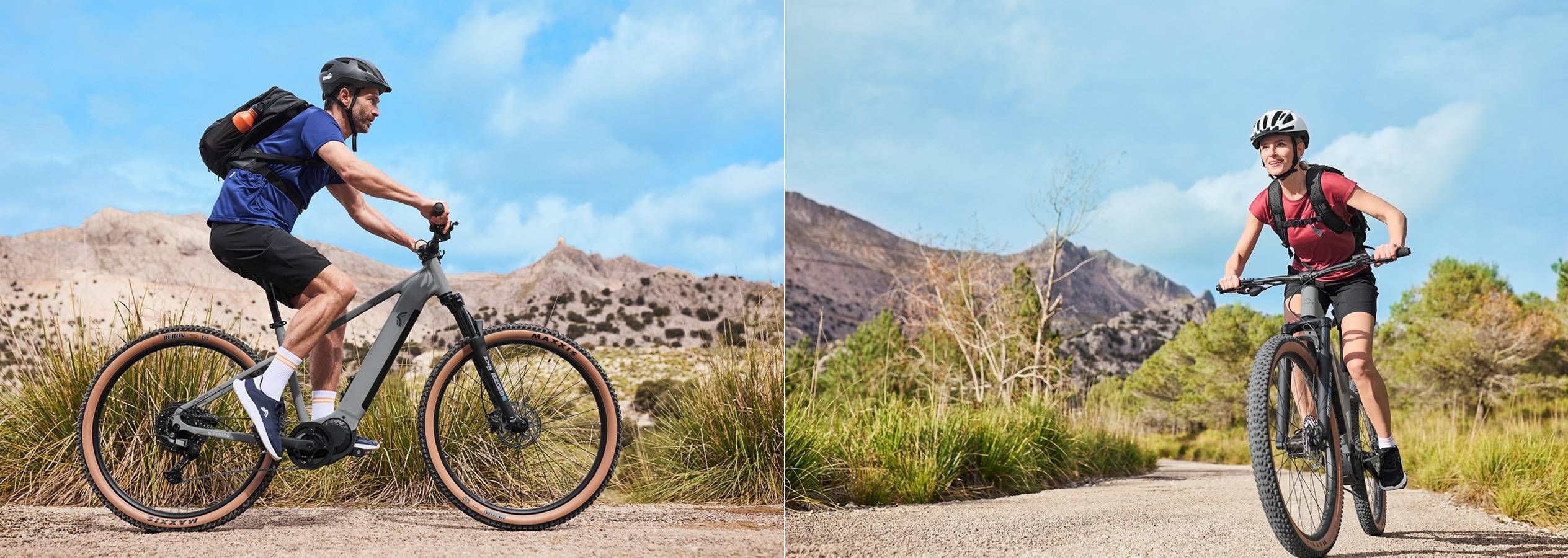 Dva cyklisté na kolech s batohy v krásné horské krajině.